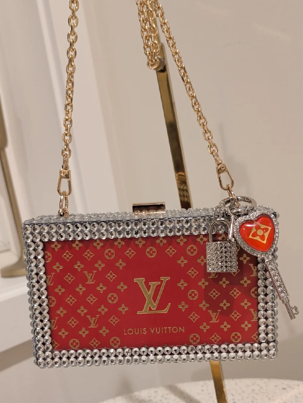 Upcycled Monogram Crystal-Trim Box Clutch with Clear Chain